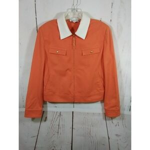 St John Sport Jacket Womens M Orange Full Zip Cotton Stretch Contrast Collar